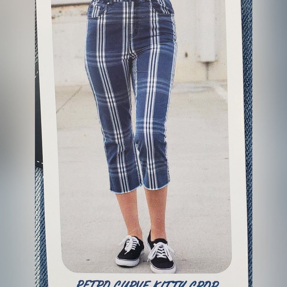 NWT Rewash Retro Curve Kitty Crop, blue and white plaid